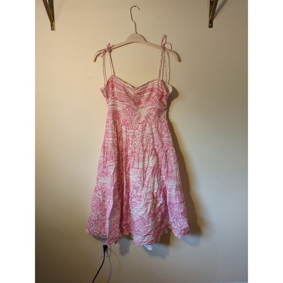 RTR Sz L Amanda Uprichard Tula Pink Print Tie Strap Sweetheart A-Line Midi Dress - Picture 4 of 10